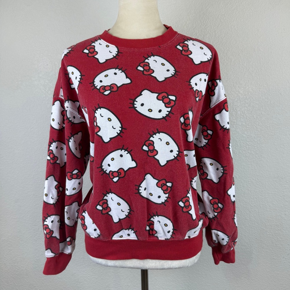 Hello Kitty Sweatshirt Sanrio Red All Over Print XS Womens Crew Neck Pullover
